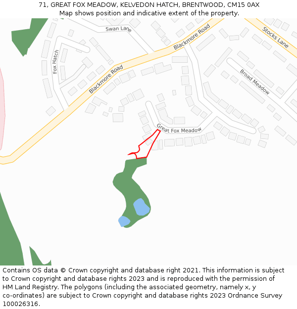 71, GREAT FOX MEADOW, KELVEDON HATCH, BRENTWOOD, CM15 0AX: Location map and indicative extent of plot