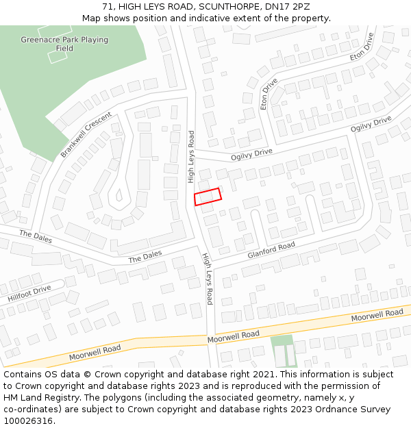 71, HIGH LEYS ROAD, SCUNTHORPE, DN17 2PZ: Location map and indicative extent of plot