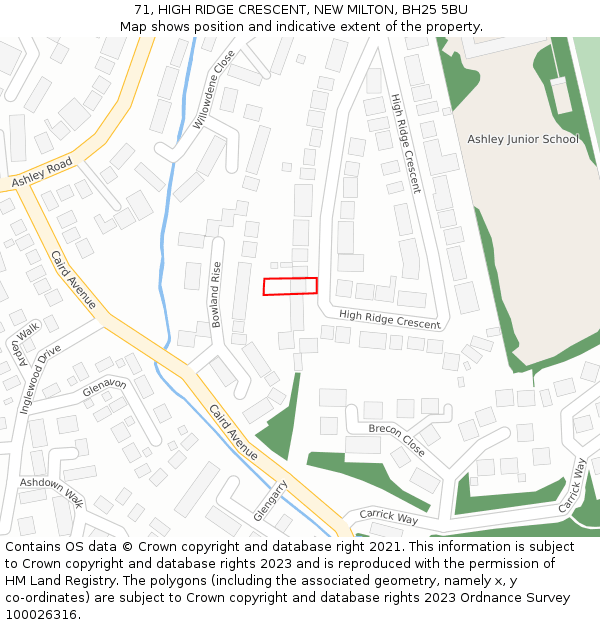 71, HIGH RIDGE CRESCENT, NEW MILTON, BH25 5BU: Location map and indicative extent of plot
