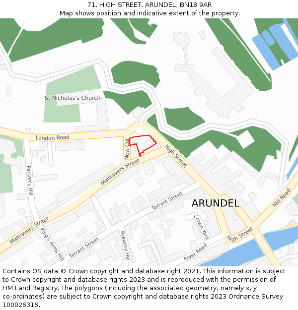 71, HIGH STREET, ARUNDEL, BN18 9AR: Location map and indicative extent of plot