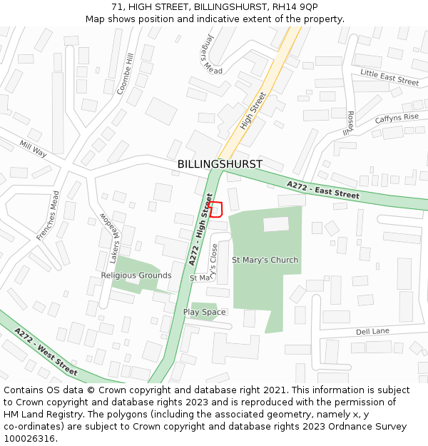 71, HIGH STREET, BILLINGSHURST, RH14 9QP: Location map and indicative extent of plot