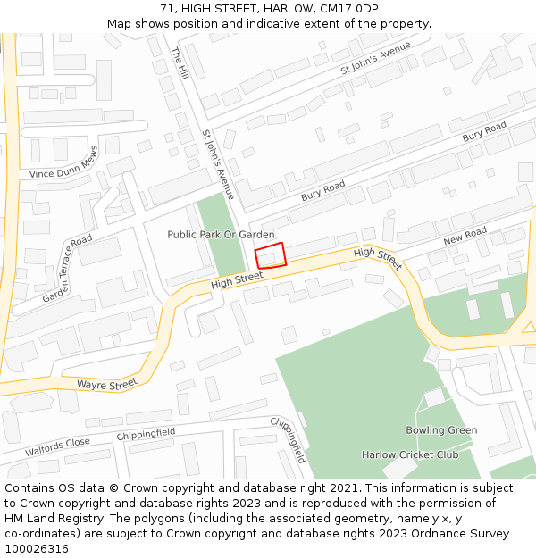 71, HIGH STREET, HARLOW, CM17 0DP: Location map and indicative extent of plot