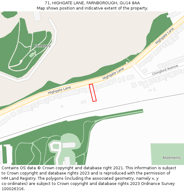 71, HIGHGATE LANE, FARNBOROUGH, GU14 8AA: Location map and indicative extent of plot