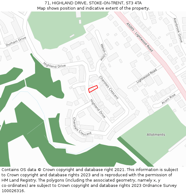 71, HIGHLAND DRIVE, STOKE-ON-TRENT, ST3 4TA: Location map and indicative extent of plot