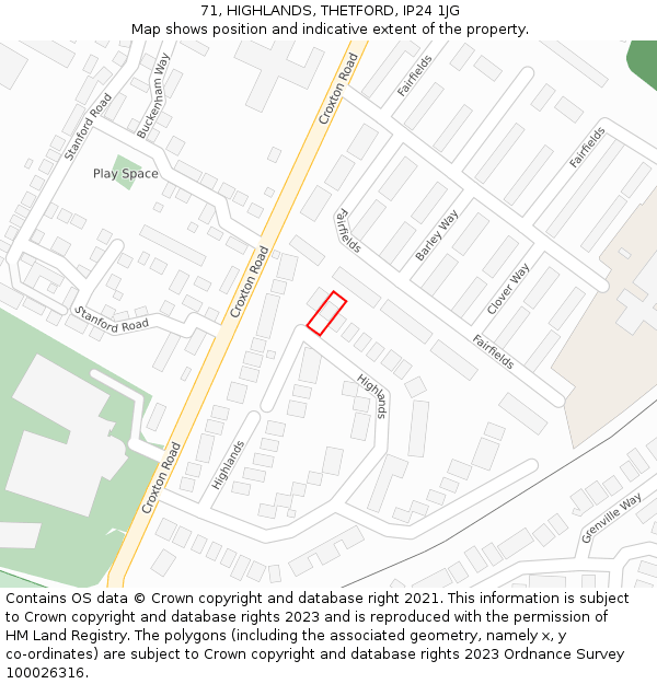 71, HIGHLANDS, THETFORD, IP24 1JG: Location map and indicative extent of plot