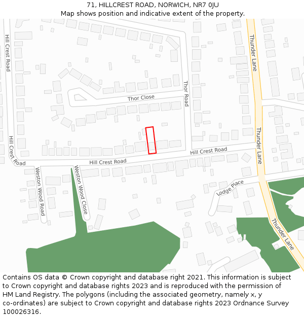 71, HILLCREST ROAD, NORWICH, NR7 0JU: Location map and indicative extent of plot