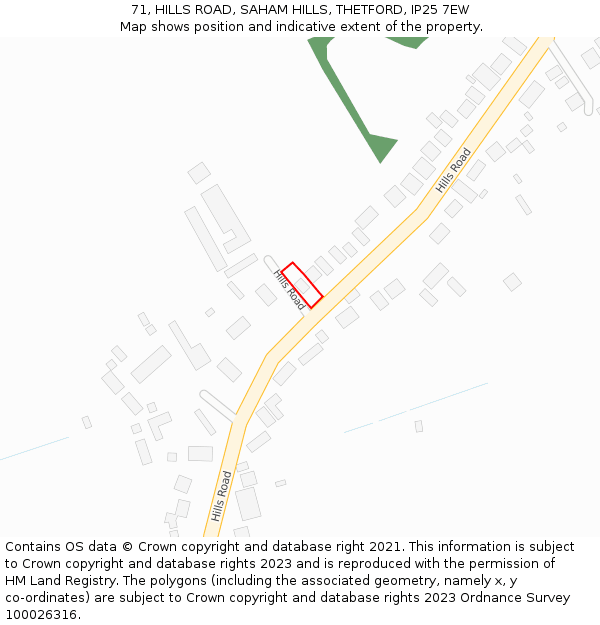 71, HILLS ROAD, SAHAM HILLS, THETFORD, IP25 7EW: Location map and indicative extent of plot