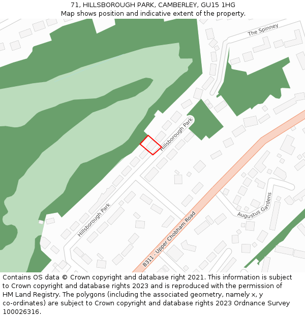 71, HILLSBOROUGH PARK, CAMBERLEY, GU15 1HG: Location map and indicative extent of plot