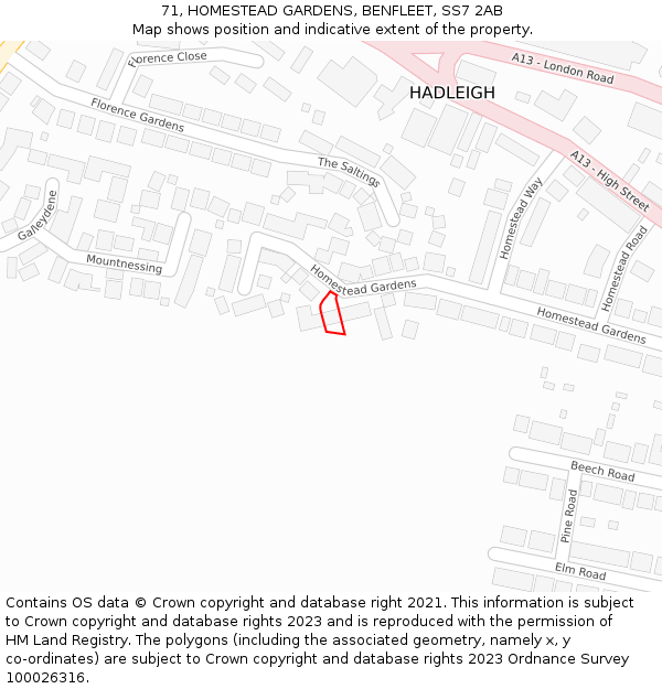 71, HOMESTEAD GARDENS, BENFLEET, SS7 2AB: Location map and indicative extent of plot