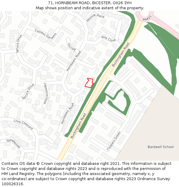 71, HORNBEAM ROAD, BICESTER, OX26 3YH: Location map and indicative extent of plot