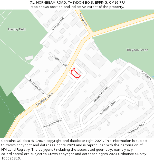 71, HORNBEAM ROAD, THEYDON BOIS, EPPING, CM16 7JU: Location map and indicative extent of plot