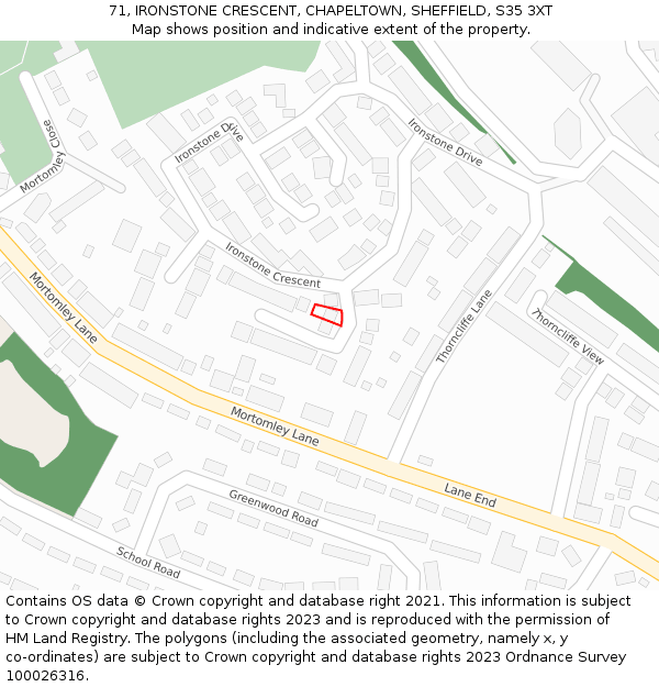 71, IRONSTONE CRESCENT, CHAPELTOWN, SHEFFIELD, S35 3XT: Location map and indicative extent of plot