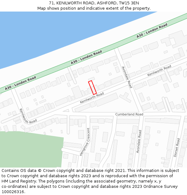 71, KENILWORTH ROAD, ASHFORD, TW15 3EN: Location map and indicative extent of plot