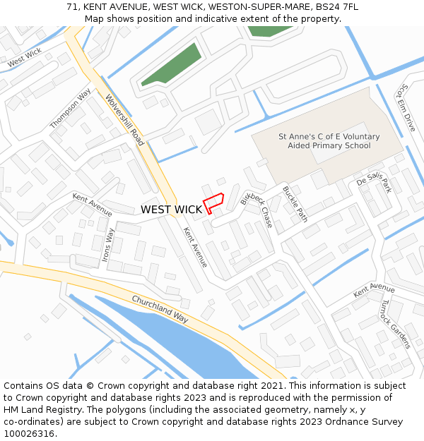 71, KENT AVENUE, WEST WICK, WESTON-SUPER-MARE, BS24 7FL: Location map and indicative extent of plot