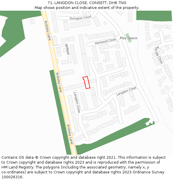 71, LANGDON CLOSE, CONSETT, DH8 7NG: Location map and indicative extent of plot