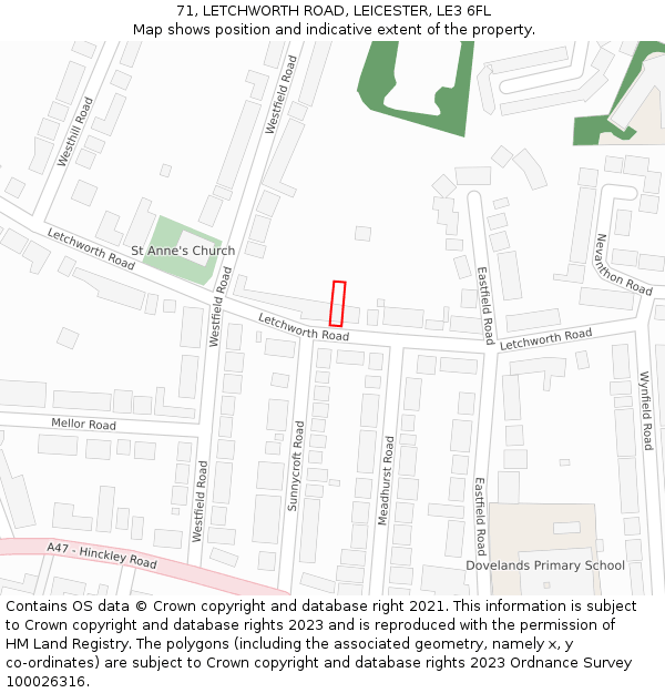 71, LETCHWORTH ROAD, LEICESTER, LE3 6FL: Location map and indicative extent of plot