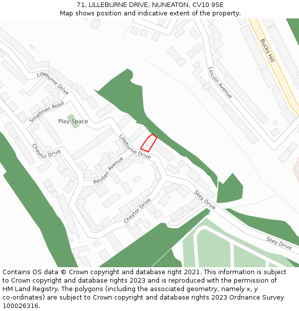 71, LILLEBURNE DRIVE, NUNEATON, CV10 9SE: Location map and indicative extent of plot