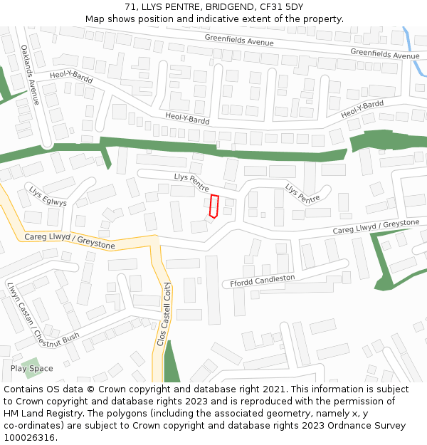 71, LLYS PENTRE, BRIDGEND, CF31 5DY: Location map and indicative extent of plot