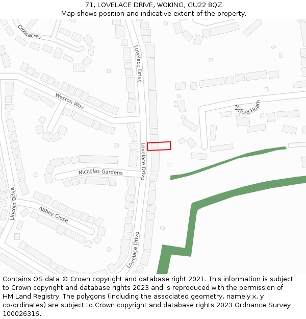 71, LOVELACE DRIVE, WOKING, GU22 8QZ: Location map and indicative extent of plot