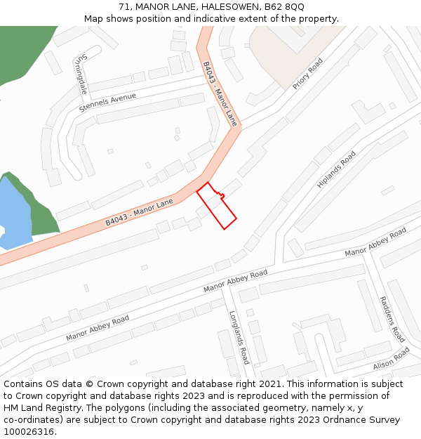 71, MANOR LANE, HALESOWEN, B62 8QQ: Location map and indicative extent of plot