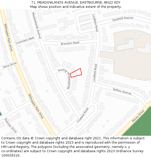 71, MEADOWLANDS AVENUE, EASTBOURNE, BN22 0DY: Location map and indicative extent of plot