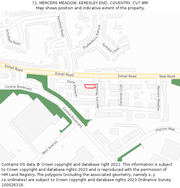 71, MERCERS MEADOW, KERESLEY END, COVENTRY, CV7 8RF: Location map and indicative extent of plot