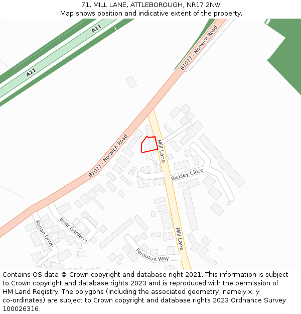 71, MILL LANE, ATTLEBOROUGH, NR17 2NW: Location map and indicative extent of plot