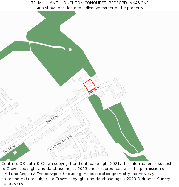 71, MILL LANE, HOUGHTON CONQUEST, BEDFORD, MK45 3NF: Location map and indicative extent of plot