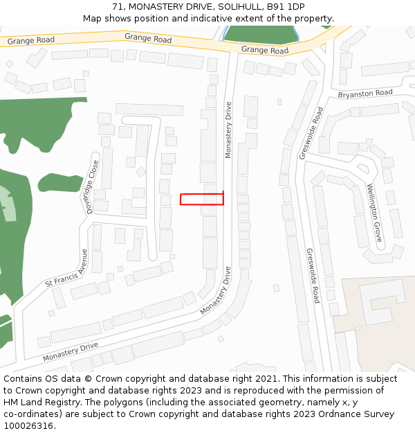 71, MONASTERY DRIVE, SOLIHULL, B91 1DP: Location map and indicative extent of plot