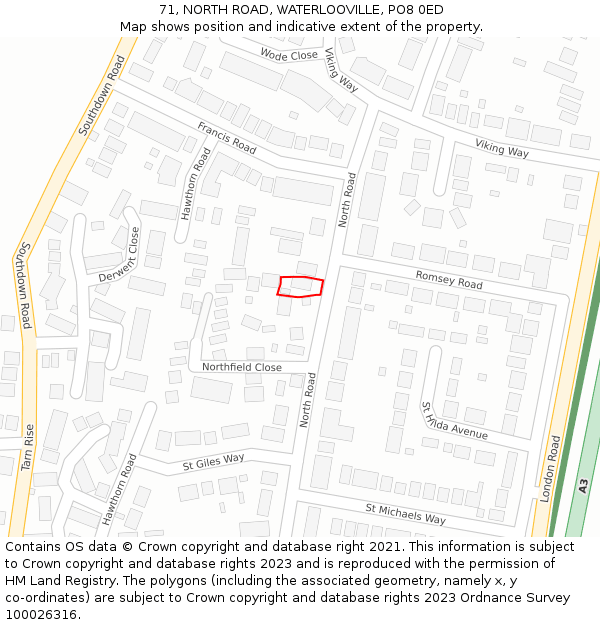 71, NORTH ROAD, WATERLOOVILLE, PO8 0ED: Location map and indicative extent of plot
