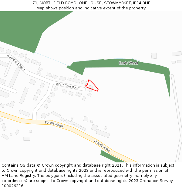 71, NORTHFIELD ROAD, ONEHOUSE, STOWMARKET, IP14 3HE: Location map and indicative extent of plot