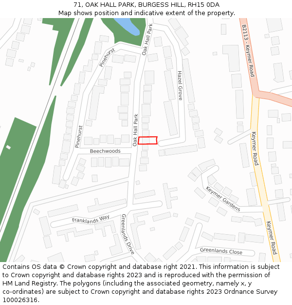 71, OAK HALL PARK, BURGESS HILL, RH15 0DA: Location map and indicative extent of plot