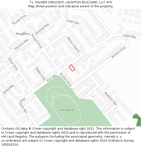 71, PALMER CRESCENT, LEIGHTON BUZZARD, LU7 4HY: Location map and indicative extent of plot
