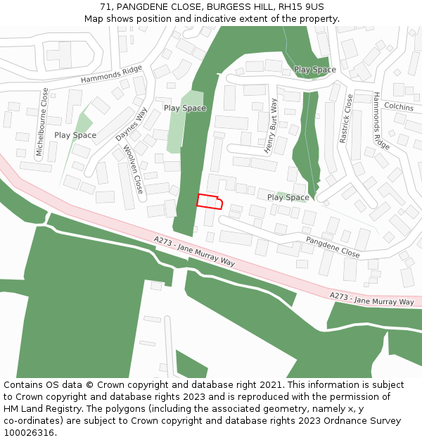 71, PANGDENE CLOSE, BURGESS HILL, RH15 9US: Location map and indicative extent of plot