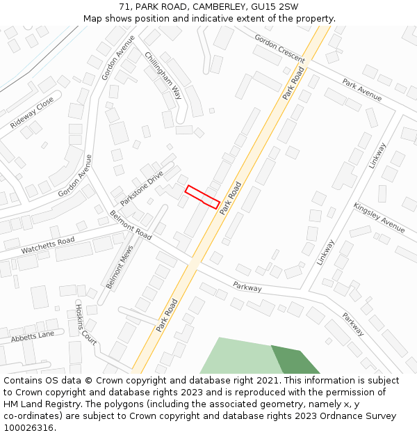 71, PARK ROAD, CAMBERLEY, GU15 2SW: Location map and indicative extent of plot