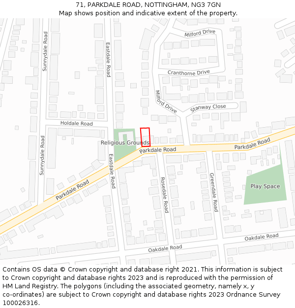 71, PARKDALE ROAD, NOTTINGHAM, NG3 7GN: Location map and indicative extent of plot