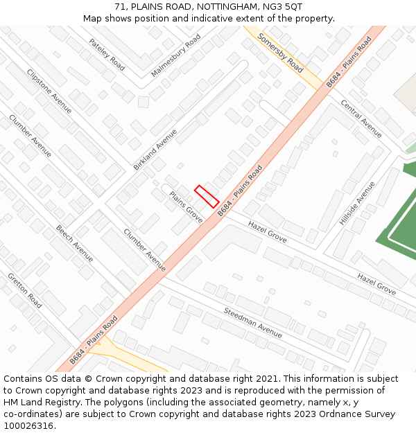 71, PLAINS ROAD, NOTTINGHAM, NG3 5QT: Location map and indicative extent of plot