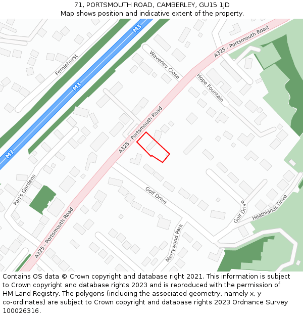 71, PORTSMOUTH ROAD, CAMBERLEY, GU15 1JD: Location map and indicative extent of plot