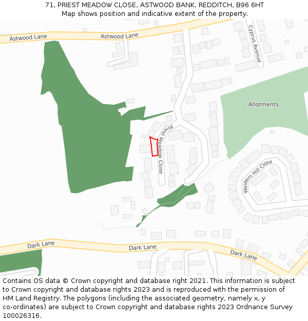 71, PRIEST MEADOW CLOSE, ASTWOOD BANK, REDDITCH, B96 6HT: Location map and indicative extent of plot