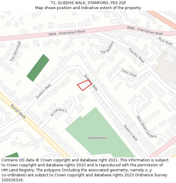 71, QUEENS WALK, STAMFORD, PE9 2QF: Location map and indicative extent of plot