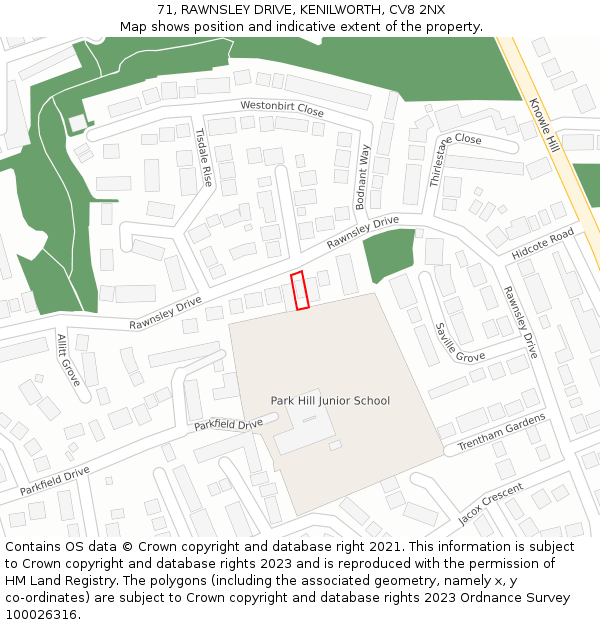 71, RAWNSLEY DRIVE, KENILWORTH, CV8 2NX: Location map and indicative extent of plot