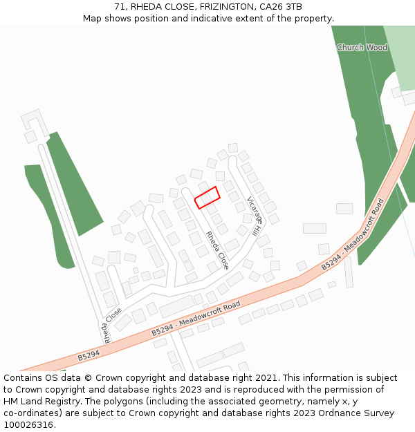 71, RHEDA CLOSE, FRIZINGTON, CA26 3TB: Location map and indicative extent of plot