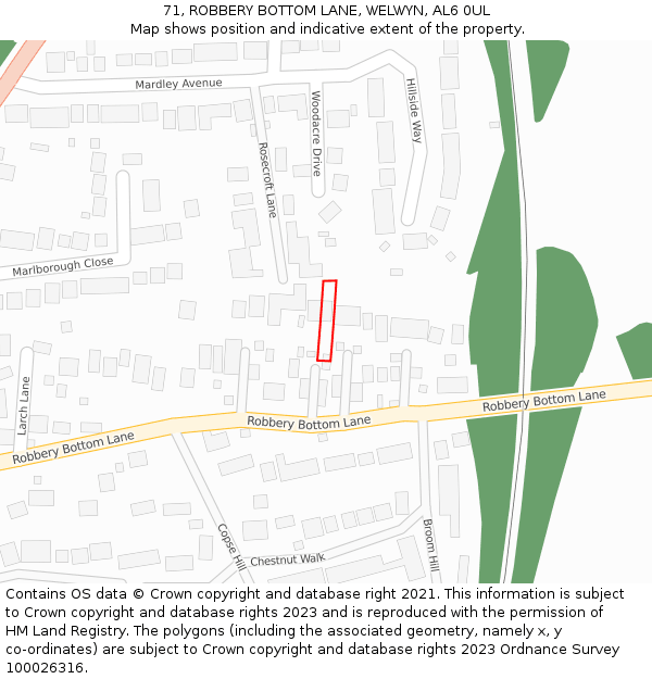 71, ROBBERY BOTTOM LANE, WELWYN, AL6 0UL: Location map and indicative extent of plot