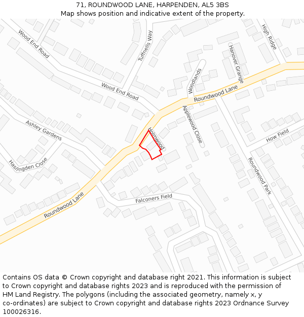 71, ROUNDWOOD LANE, HARPENDEN, AL5 3BS: Location map and indicative extent of plot