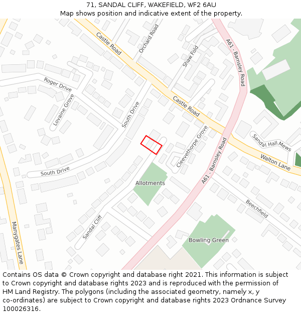 71, SANDAL CLIFF, WAKEFIELD, WF2 6AU: Location map and indicative extent of plot