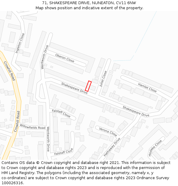 71, SHAKESPEARE DRIVE, NUNEATON, CV11 6NW: Location map and indicative extent of plot