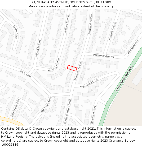 71, SHAPLAND AVENUE, BOURNEMOUTH, BH11 9PX: Location map and indicative extent of plot