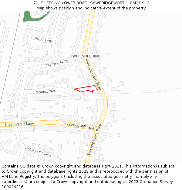 71, SHEERING LOWER ROAD, SAWBRIDGEWORTH, CM21 9LG: Location map and indicative extent of plot