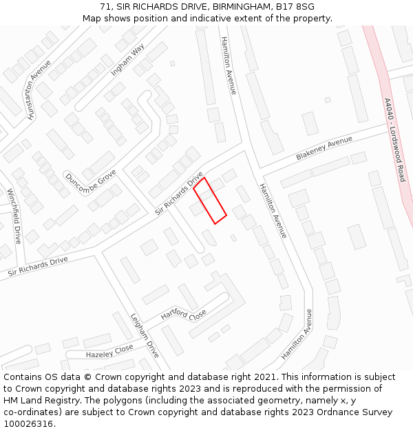 71, SIR RICHARDS DRIVE, BIRMINGHAM, B17 8SG: Location map and indicative extent of plot