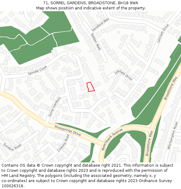 71, SORREL GARDENS, BROADSTONE, BH18 9WA: Location map and indicative extent of plot